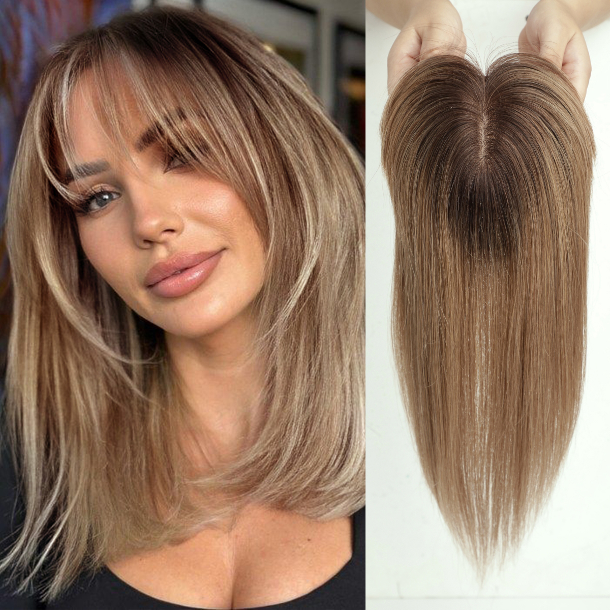 100% Echt Menselijk Haar Toppers met Pony Zijde Basis 3Clip Stukken Ombre Bruin Recht Menselijk Topper Haren voor Vrouwen haarverlenging
