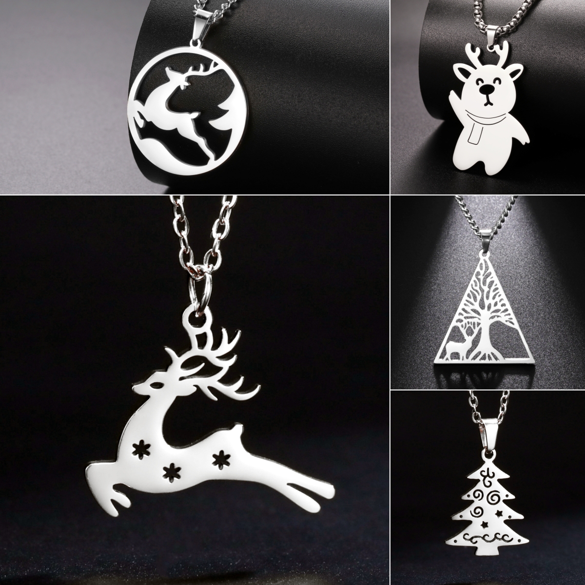 LIKGREAT Fashion Reindeer Tree Pendant Necklace Stainless Steel Women Men Cute Snow Running Deer Choker Jewelry Birthday Gifts