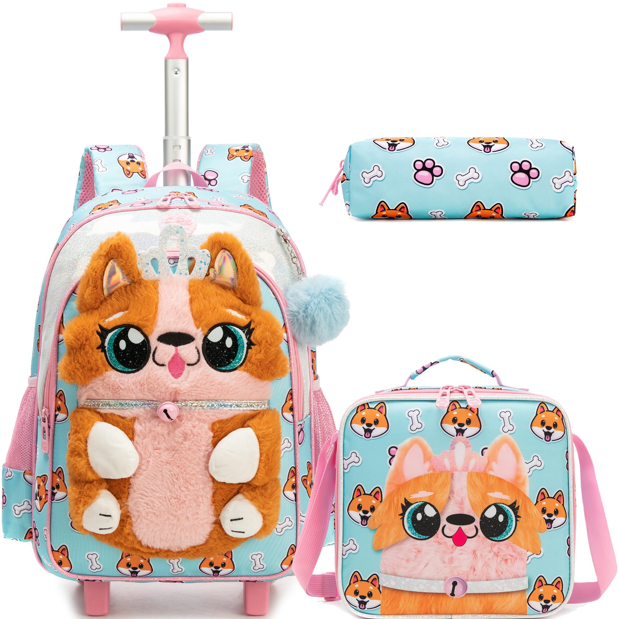 Meetbelify Rollrucksack für Mädchen, 3D-Cartoon-Plüsch-Schultasche mit Rollen, mit Lunchbox und Federmäppchen, für Kinder im Alter von 6–8 Jahren