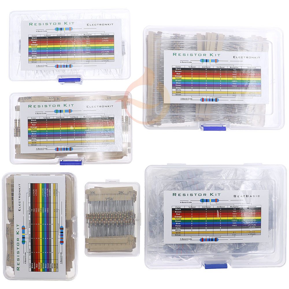 Kit assorti de résistances à Film de carbone, 1/8W 1/4W 1/2W 1W 2W 3W 5W 5% 0 Ohm-10m ohm avec boîte 1K 2K 5.1K 10K 47K 100K 220K 470K 3M 10M