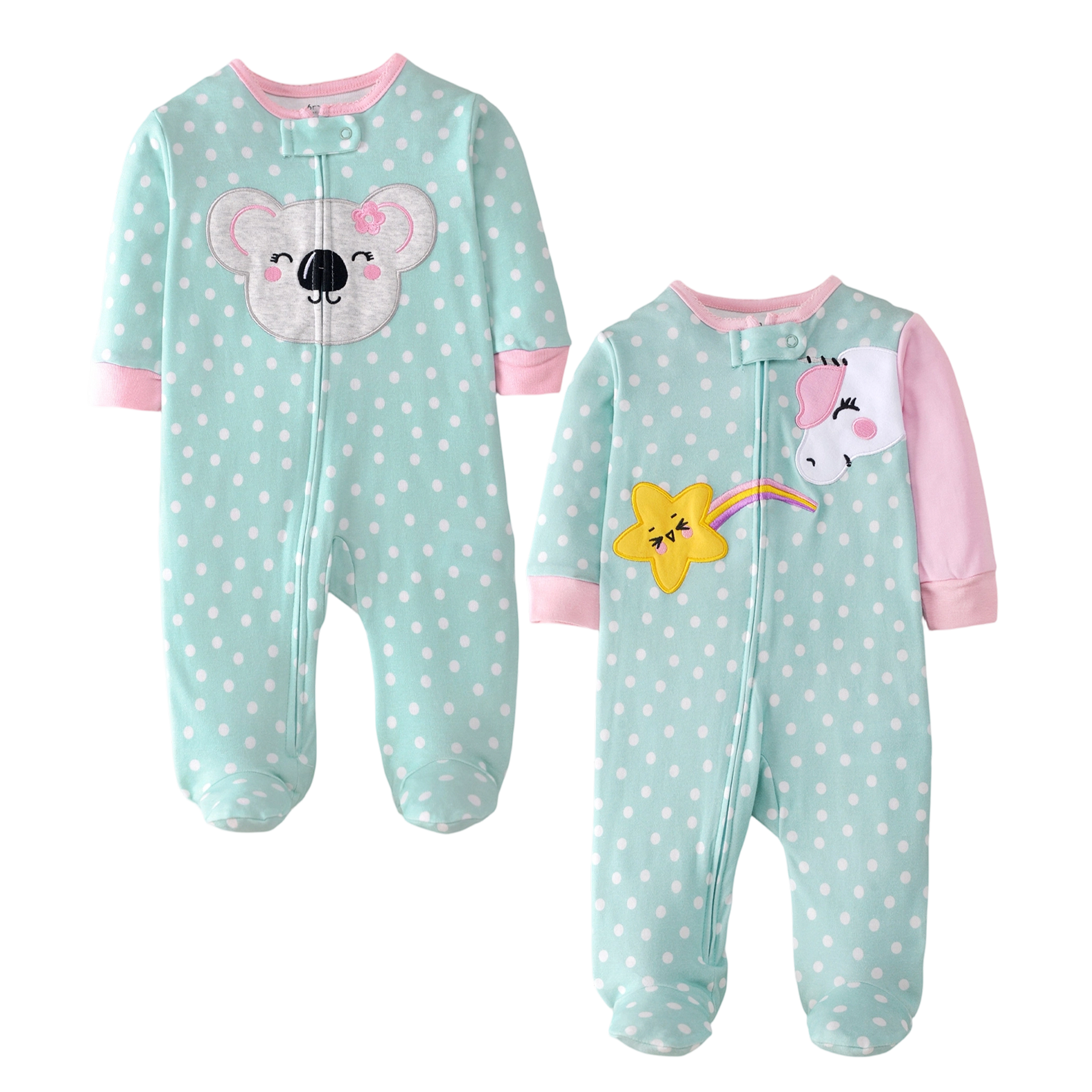 Grüner Baumwoll-Baby-Strampler mit Fuß, gepunktet, mit Einhorn- und Koala-Stickerei, Reißverschluss-Strampler für 3–9 Monate alte Neugeborene Mädchen, Ganzjahres-Loungewear