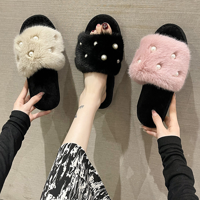Perle Fluffy รองเท้าแตะฤดูหนาว Casual Designer รองเท้าผู้หญิง 2025 ใหม่หรูหราในร่ม Plush สไลด์สาวแฟชั่นรองเท้า Elegant