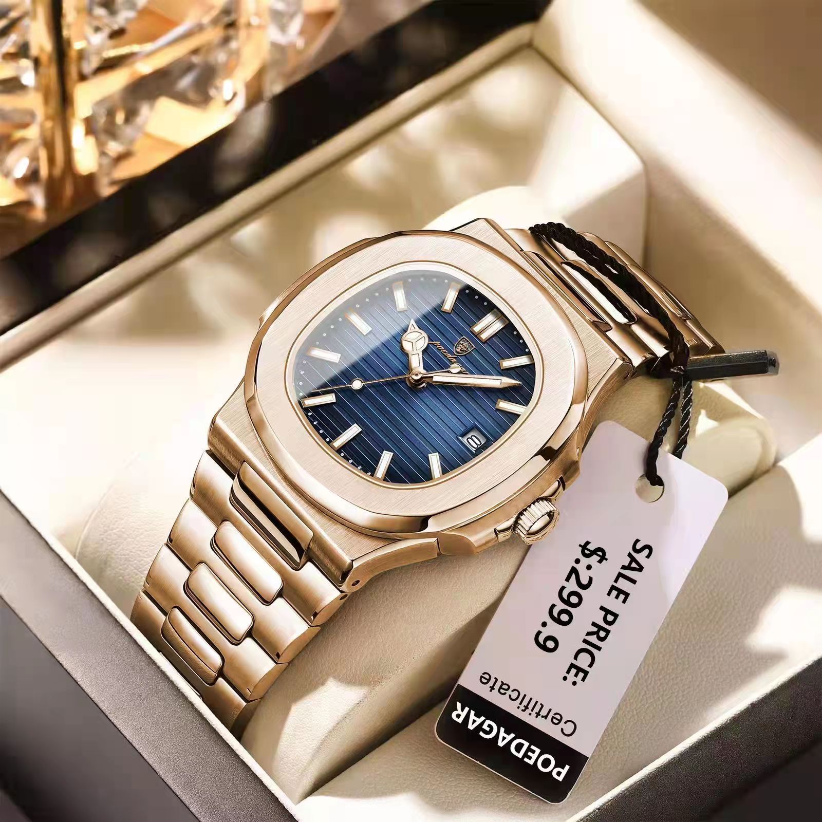 Reloj de pulsera POEDAGAR de lujo para hombre, reloj de cuarzo de acero inoxidable para negocios, reloj cuadrado con fecha luminosa resistente al agua para hombre, reloj + caja