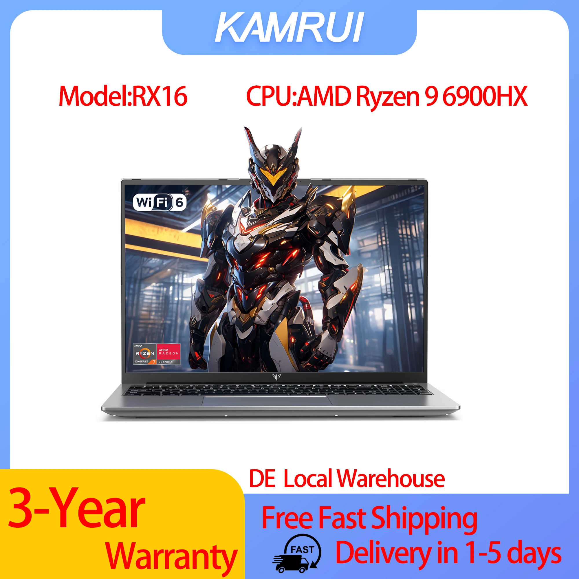 Ordinateur portable de jeu KAMRUI RX16 avec processeur AMD Ryzen 9 6900HX, écran IPS de 16 pouces, 16 Go de RAM LPDDR5, SSD de 512 Go, Windows 11