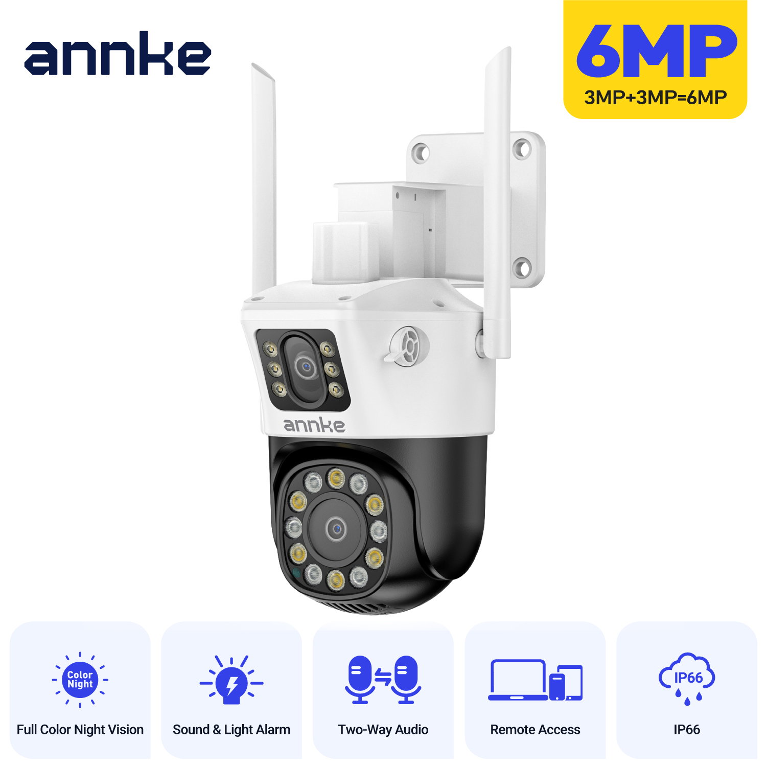 ANNKE 6MP Bezprzewodowa Kamera Bezpieczeństwa WiFi z Podwójnym Obiektywem, Zewnętrzna, z Czerwono-Niebieskimi Światłami Alarmowymi, Syreną, Inteligentnym Podwójnym Światłem i Dwukierunkowym Audio