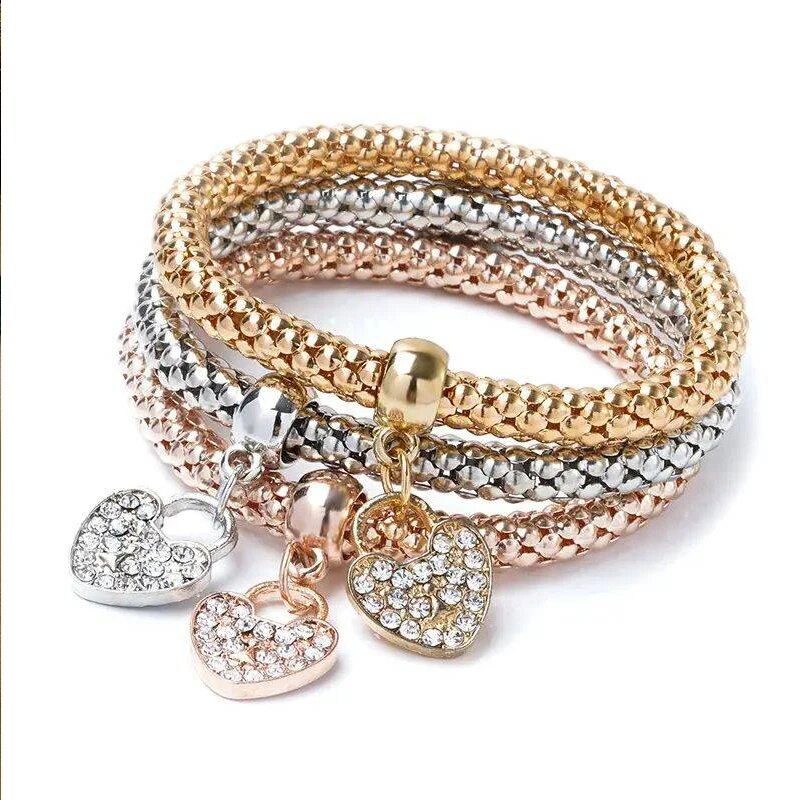 3 buah Set kunci hati kunci musik tanda pesona gelang burung hantu mawar emas Plating perak warna rantai Owm pesona Bangle perhiasan Set