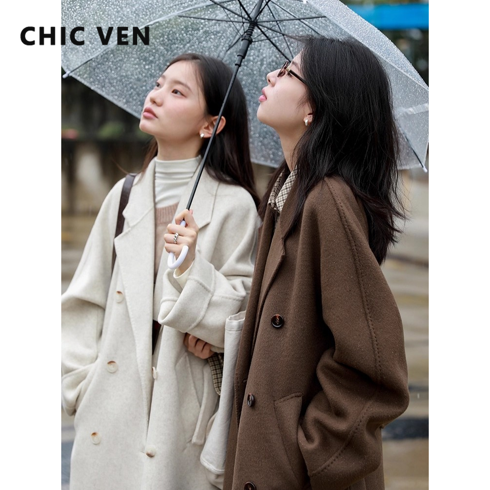 CHIC VEN Frauen Lange Woolen Mantel Lose Beiläufige doppelseitige Weibliche Oberbekleidung Zweireiher Damen Topcoat Herbst Winter 2025