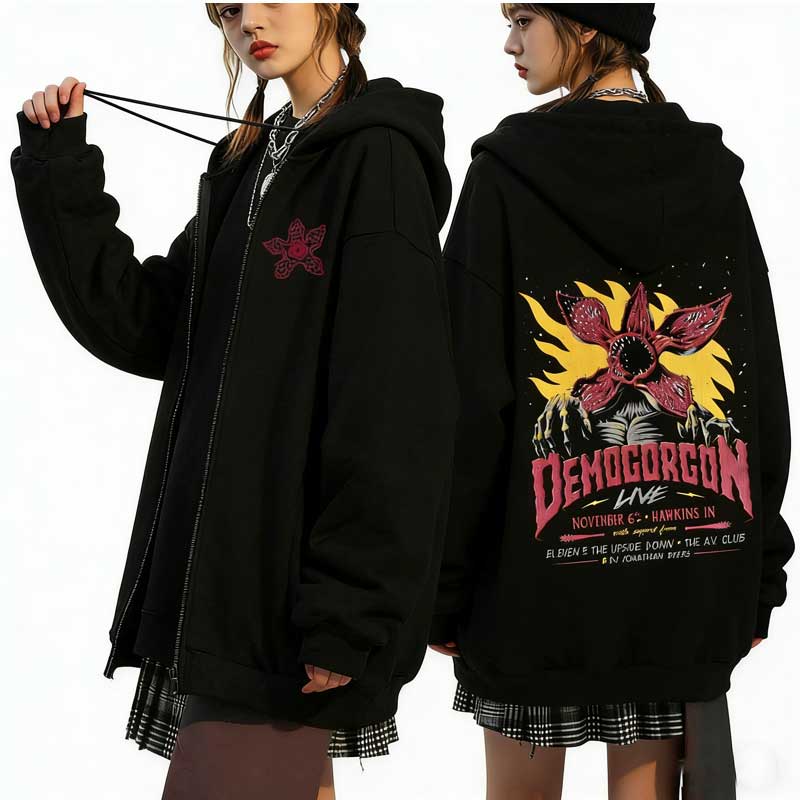 Felpa con Cappuccio e Zip Demogorgon Cannibal Flower Monster 2026, Felpa Vintage Oversize Streetwear Eddie Munson per Uomo e Donna