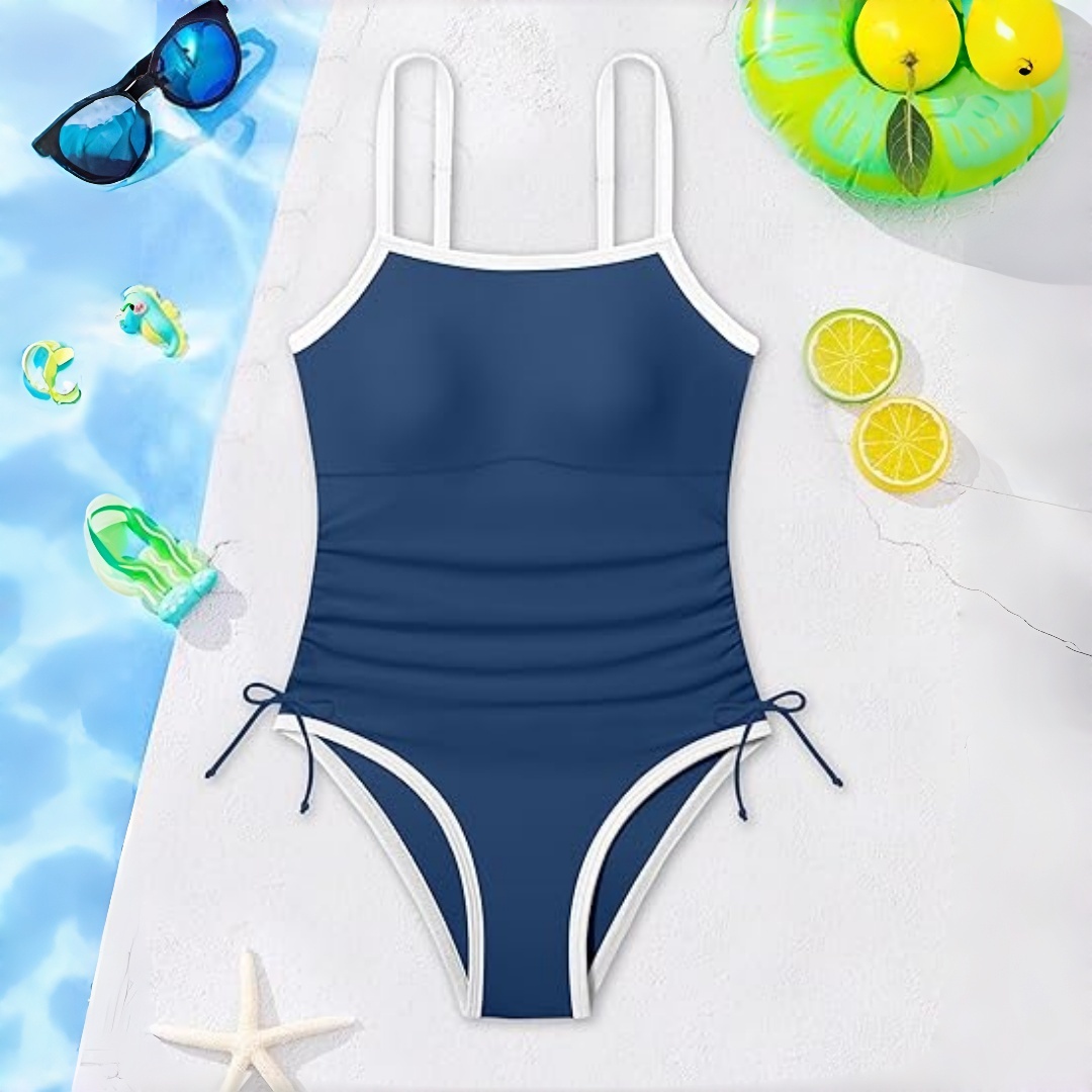 Maillot de bain une pièce pour filles, couleur gris et noir, maillot de bain à bretelles, cordon de serrage, vêtements de plage pour adolescentes de 7 à 16 ans avec rembourrage