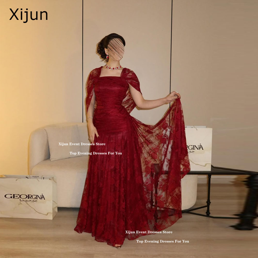 Xijun Luxury Red Lace Evening Dresses Off The Shoulder Pleated Formal Prom Dresses A-Line Long Dubai Prom Gowns Women Customized