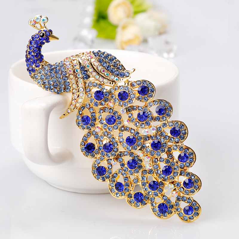 Hotsale belle saphir bleu cristal strass paon broche bijoux broche accessoires Animal broche