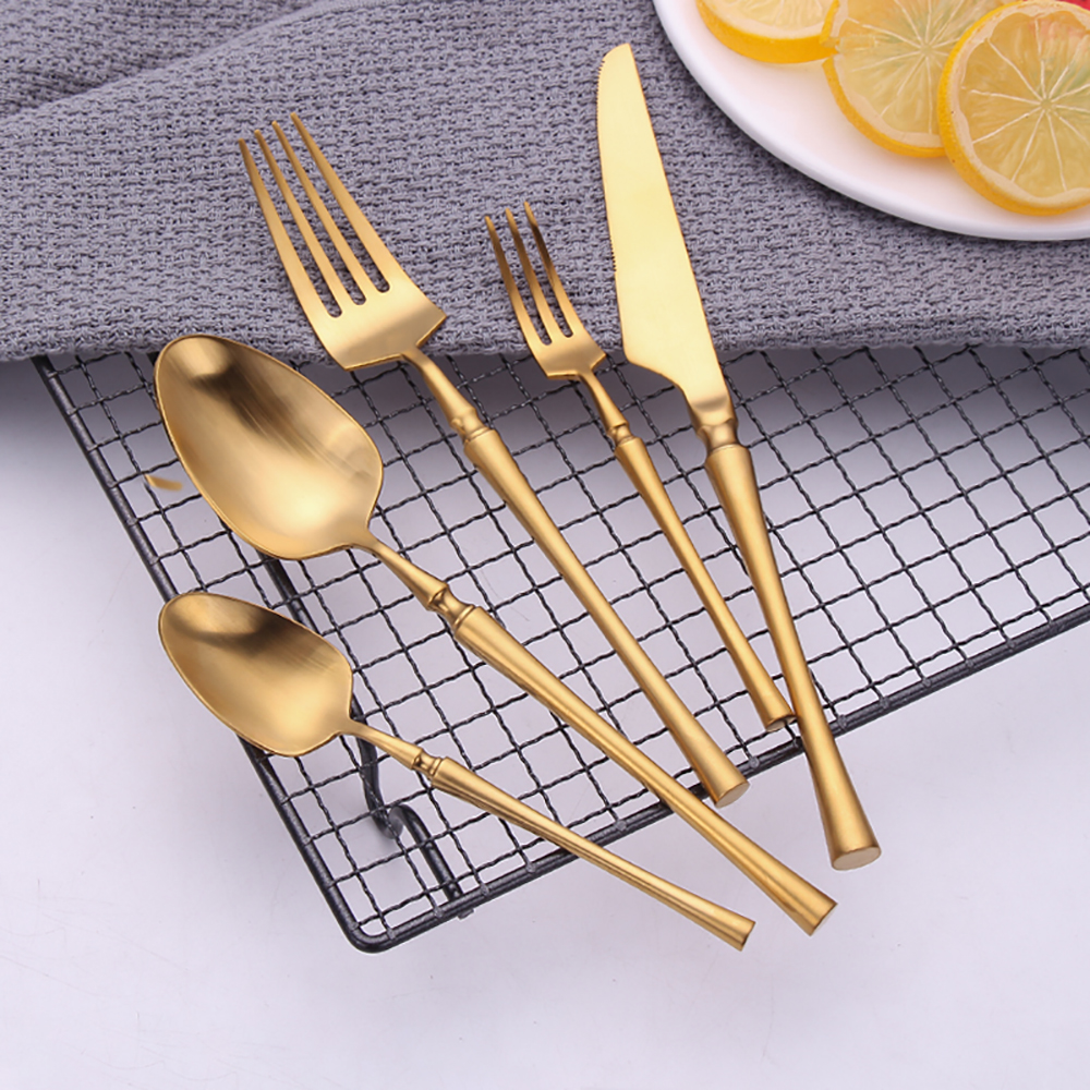 Juego de 5 piezas de cuchillo, tenedor, cuchara, cubiertos dorados, vajilla completa de acero inoxidable, vajilla negra mate, utensilios de cocina plateados