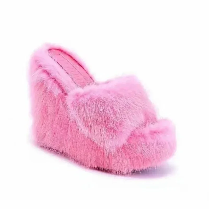 Nowe futrzane kapcie damskie buty na koturnie damskie buty na wysokim obcasie futrzane przeciągnij modne buty na świeżym powietrzu na wszystkie mecze kapcie futrzane slajdy