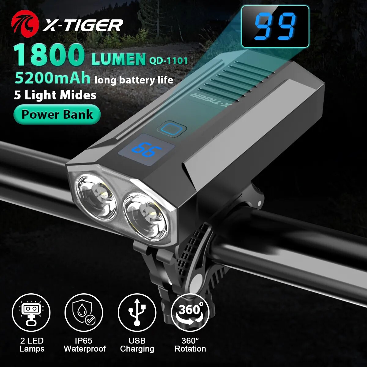 X-Tiger Bike Light Phare Lampe De Vélo Avec Power Bank Rechargeable LED 5200mAh VTT Vélo Lumière Lampe de Poche Vélo Accessoires