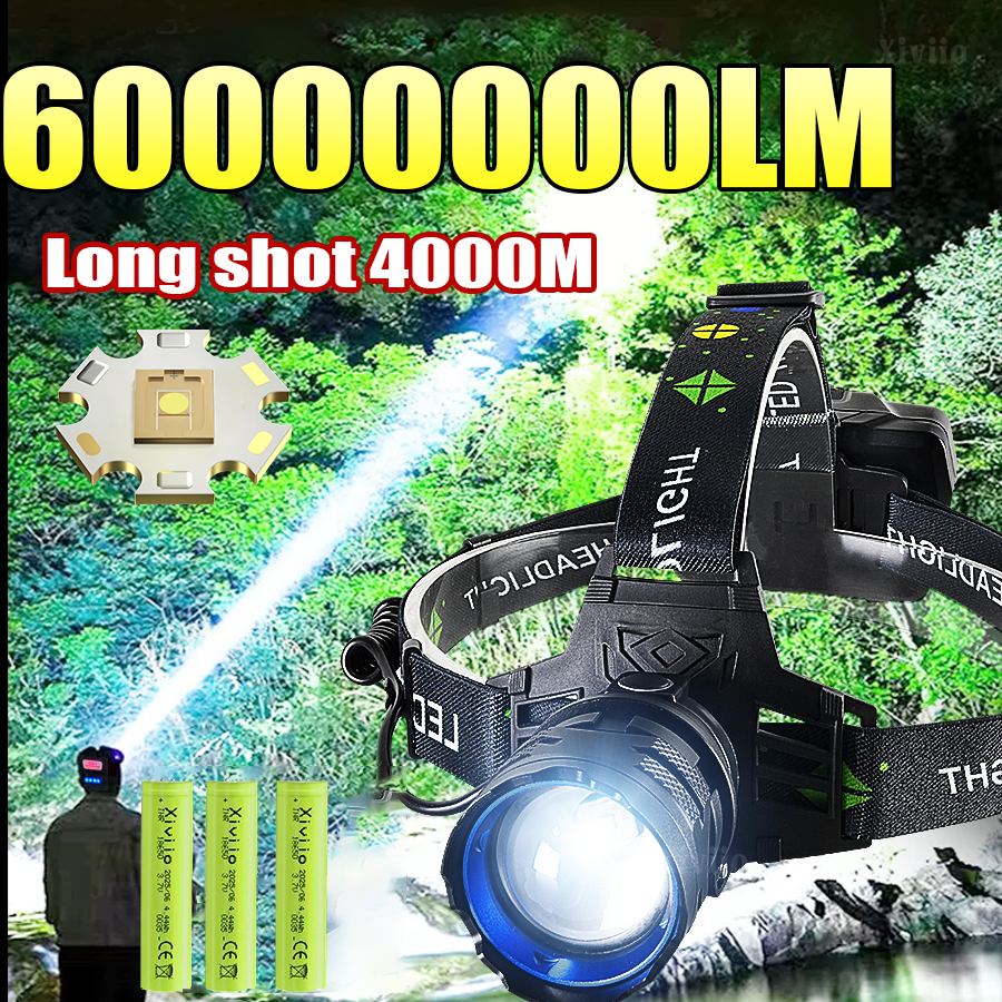Lampu Depan LED Paling Kuat 60000000LM Lampu Depan 4000M Super Terang Senter Kepala Dapat Diisi Ulang Lentera Kepala Berkemah Luar Ruangan 18650