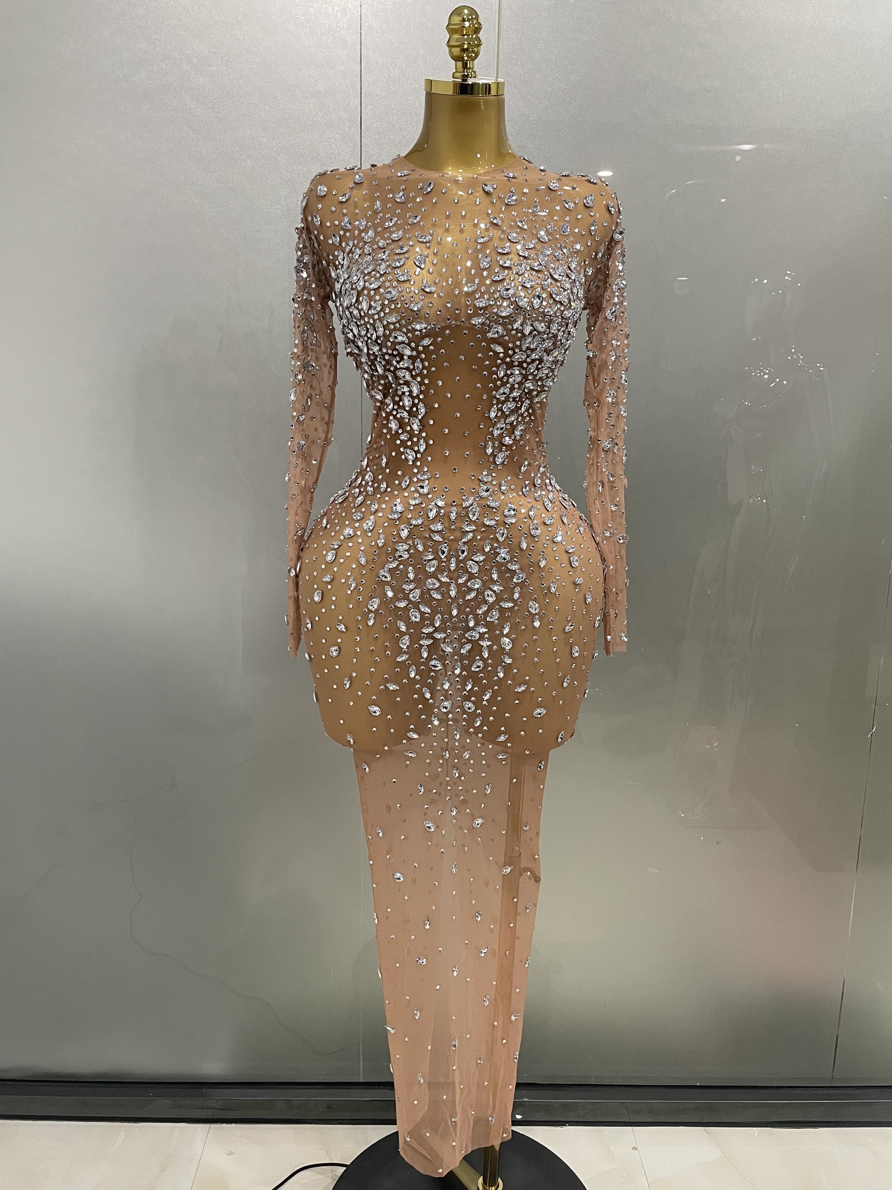 Abito lungo trasparente in rete elasticizzata con strass shinny sexy 2025Nuove donne da sera, festa di compleanno, ballo di fine anno, discoteca, cantante, palcoscenico