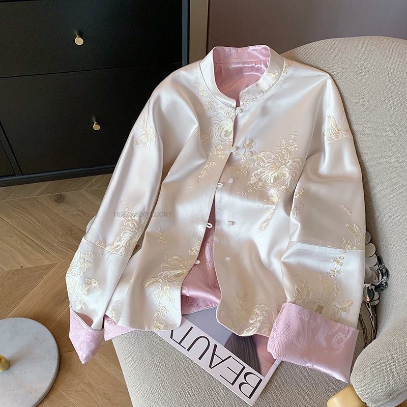Veste en Satin Brodé à Col Montant pour Femme, Haut Fin, Style Chinois, Rétro Vermont, à la Mode, Nouvelle Collection Printemps