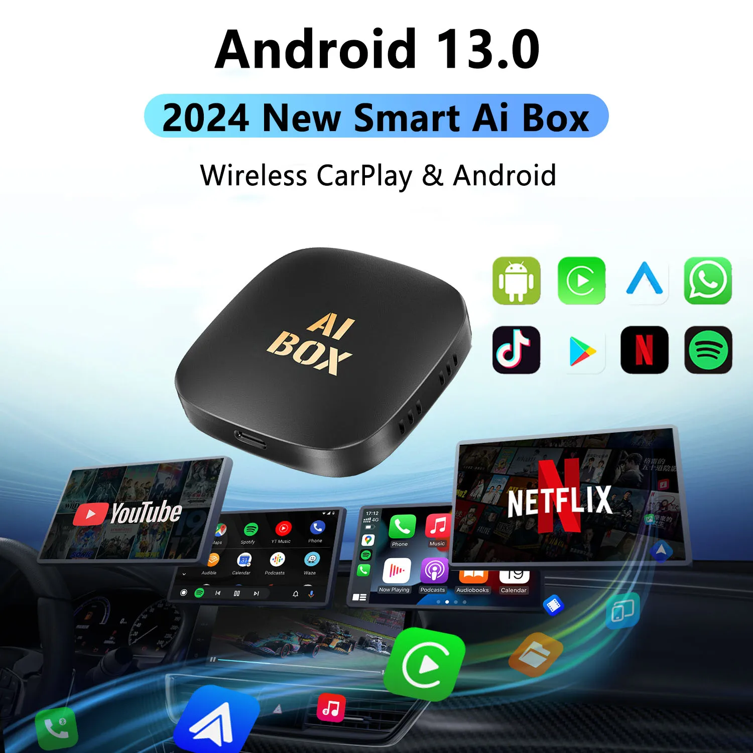 Android 13 CarPlay Smart Ai Box Android inalámbrico CarPlay Android Auto adaptador para Netflix para sistemas inteligentes de coche YouTube