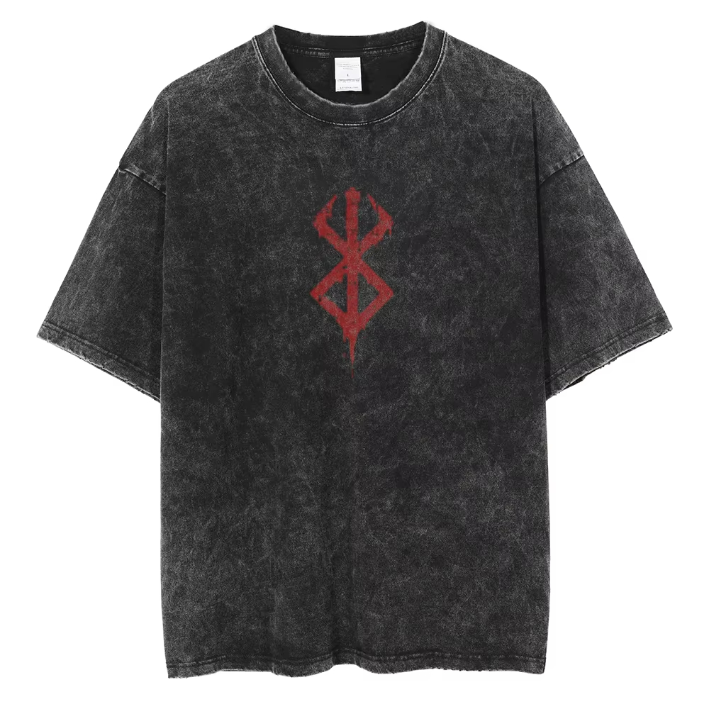 Anime berserk logotipo gráfico impresso t camisa das mulheres dos homens do vintage mangá camisetas de algodão lavado tshirt harajuku masculino oversized t