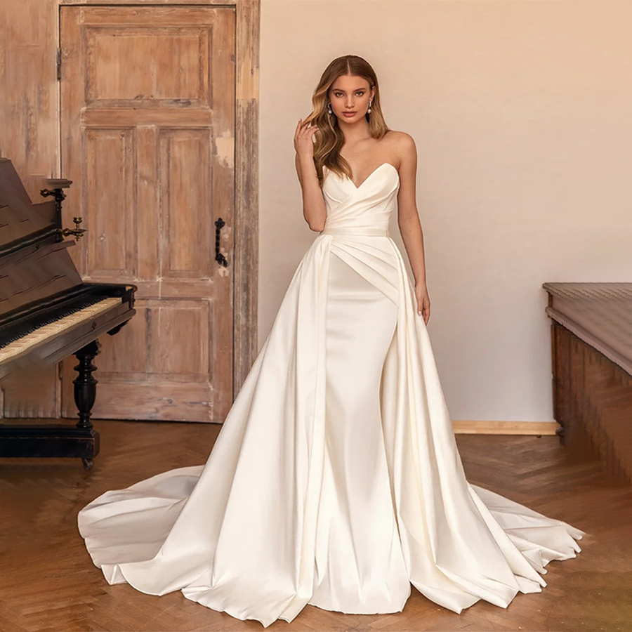 Personalizado de luxo querida sereia vestido de casamento de cetim saia destacável sem costas e rendas até mulher vestido de noite para casamento