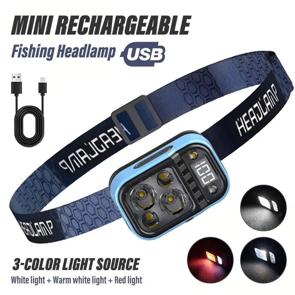 Wiederaufladbare Angel-LED-Stirnlampe mit Sensoren und Batterieanzeige. Superhelles Campinglicht mit XPG+COB-Lampenperlen
