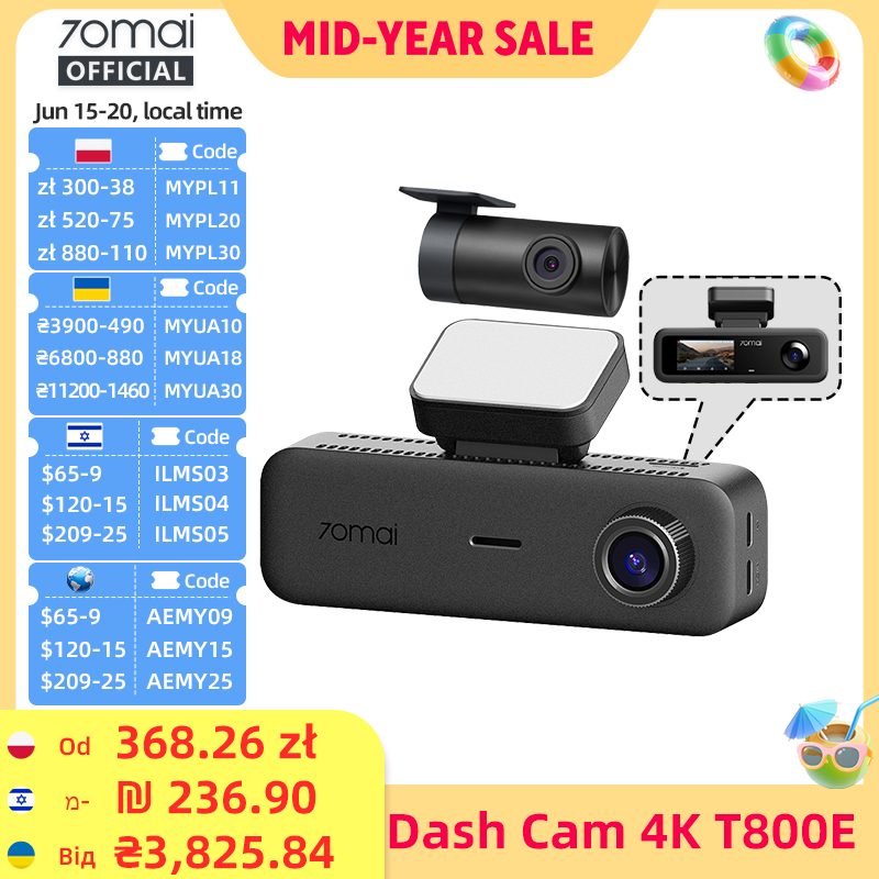 70mai T800E 3-Channel Front 4K + Rear 1080P + Interior 1080P HDR Supercapacitor 24H Parking GPS WiFi 6 70mai T800E Voice Control