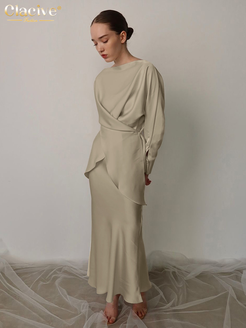 Clacive Fashion Luźny dwuczęściowy zestaw damski z satyny w kolorze khaki 2025 Elegancka koszula z długim rękawem i długą spódnicą z wysokim stanem dla kobiet