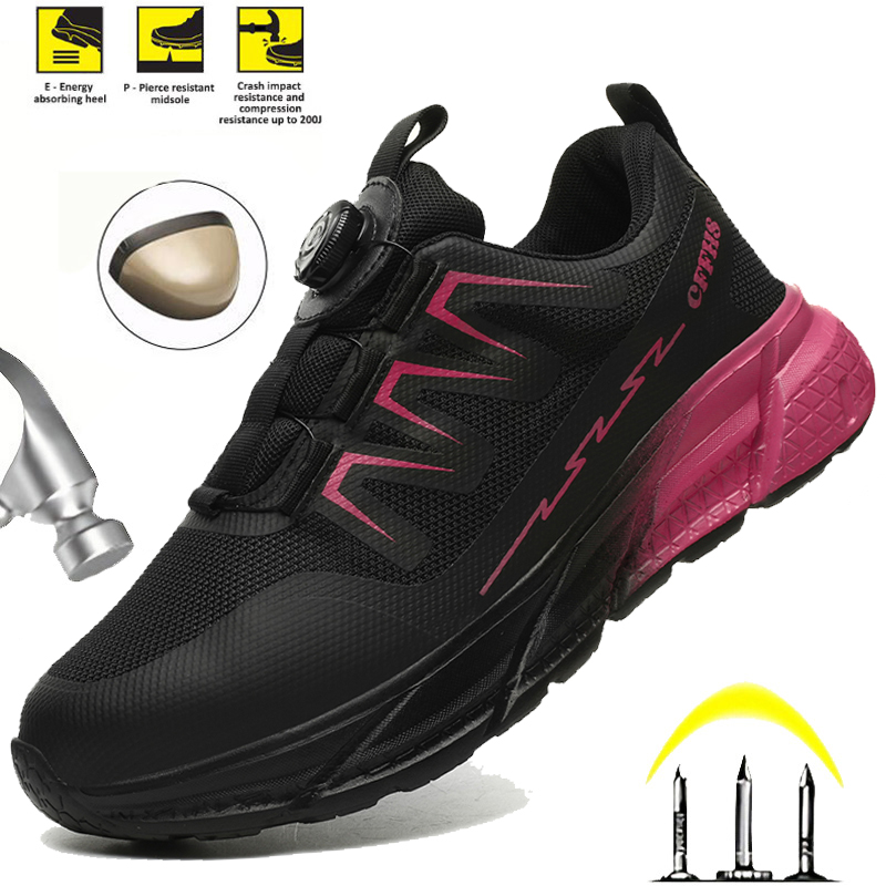 Zapatos de trabajo ligeros para mujer con botón giratorio: seguridad transpirable con punta de acero, zapatos indestructibles antiperforación y antigolpes