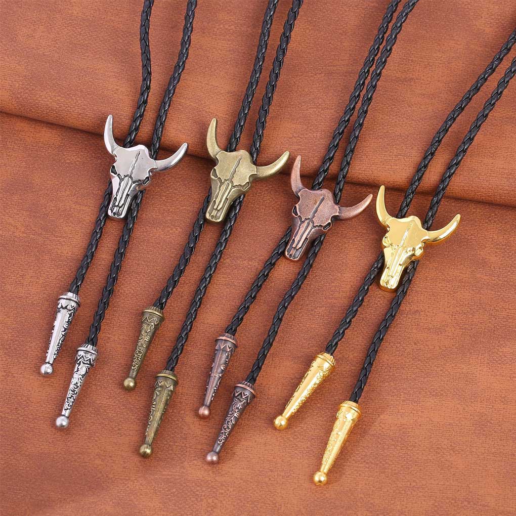 Laços dourados para homens, acessório de vestuário de cowboy americano, gravata ajustável, cabeça de touro, cowboy ocidental, colar com pingente