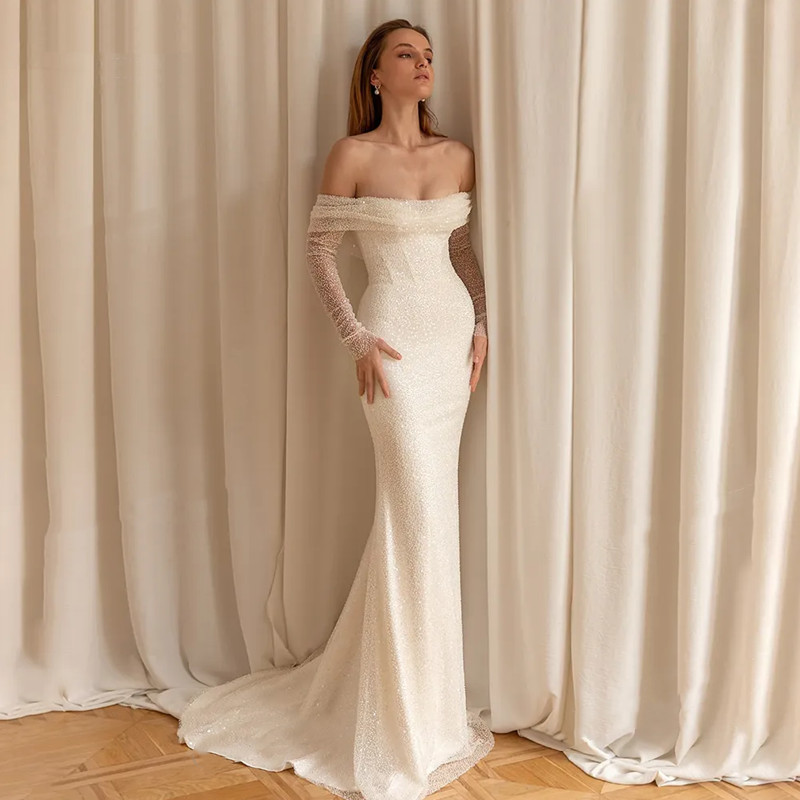 Luxuriöses weißes Meerjungfrau-Hochzeitskleid mit Perlen, schulterfrei, sexy, rückenfrei, langärmelig, trägerlos, abnehmbarer Zug, individuell gestaltet, 2025