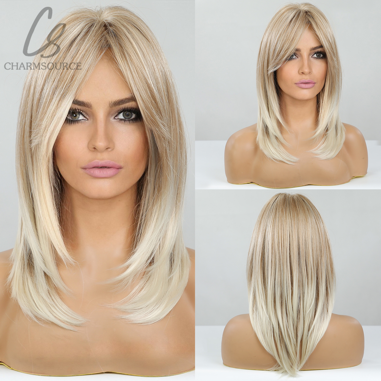 CharmSource Blond Lang Haar Natuurlijke Rechte Pruik Synthetische Pruiken voor Vrouwen Dagelijks Feest Hoge Dichtheid