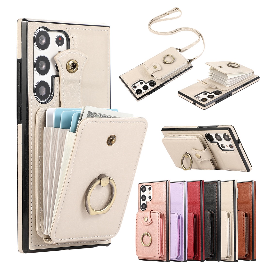 Custodia a tracolla classica in pelle con porta carte e anello di supporto per Samsung Galaxy S25 S26 Ultra S23 FE S24 Plus A56 A57 A37