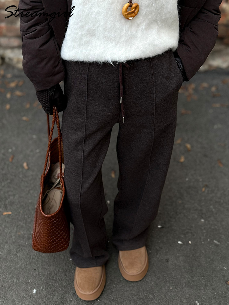 Streamgirl Thick Warm Straight Pants For Women Office Brown Wide Leg Trousers High Waist Women's Loose Pants For Ladies Spring