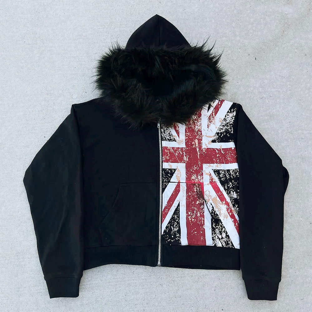 Sudadera Retro Y2K Ins con cuello de piel y cremallera estampada, jersey de manga larga con capucha, chaqueta Retro informal de tendencia urbana