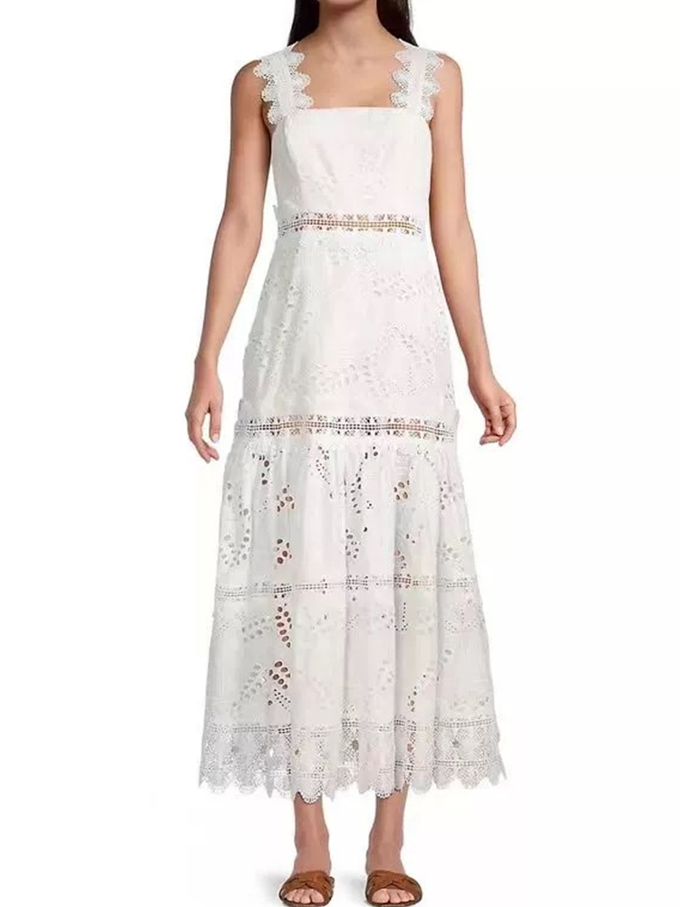 Retro effen kleur jurk met bretels 2024 zomer dames nieuwe geborduurde opengewerkte kant stiksels jurk taille grote swing jurk