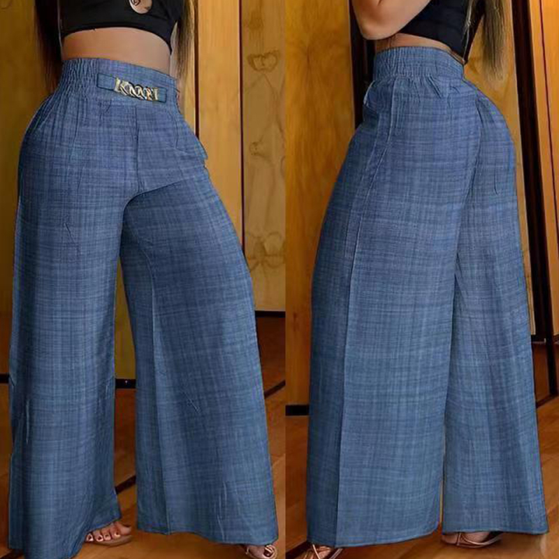 Cintura alta cor sólida calças de perna larga verão chique solto elegante metal queimado calça senhoras do escritório em linha reta férias calças femininas