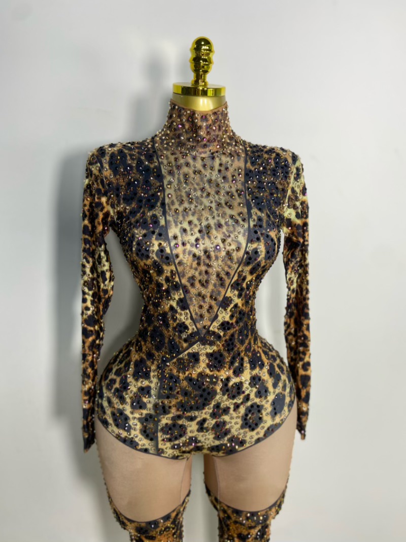 Sexy Strakke Jumpsuit Drag Queen Bar Nachtclub Zangeres Water Diamond Stage Performance Kleding Vrouwen Elastische Luipaardprint