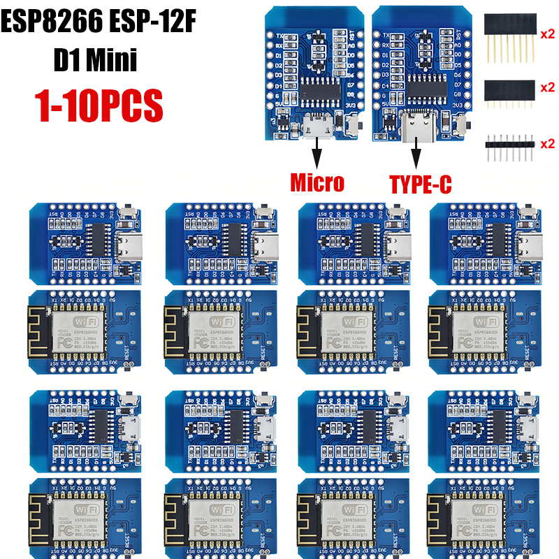 1-10pcs ESP8266 D1 Mini WIFI Development Board ESP-12F Wemos D1 Mini Nodemcu Lua Iot Board 3.3V Met Pins TYPE-C/Micro USB XZG