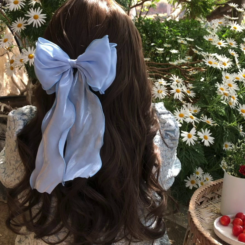 Nueva pinza para el pelo con lazo de satén brillante azul dulce para mujeres y niñas, pasador con lazo de cinta grande, bufanda de Color sólido, horquilla con agarre, Clip para cola de caballo