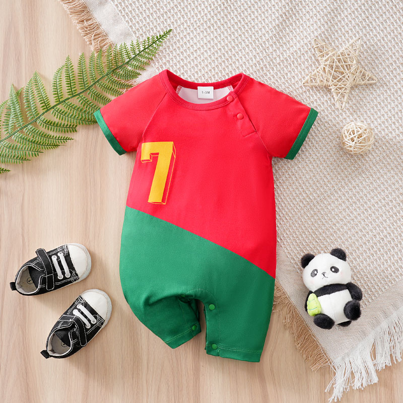 Roupas para Bebês Recém-Nascidos Conjunto de Futebol Vermelho e Verde Número 7 0 3 6 9 12 Meses Macacão de Verão com Mangas Curtas