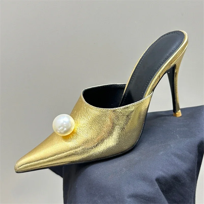Gold/Sliver Metallic Mules Pointed Toe Pearl Decor Stiletto High Heel Slingback Slip On Fashion Party Evening Pumps For Women