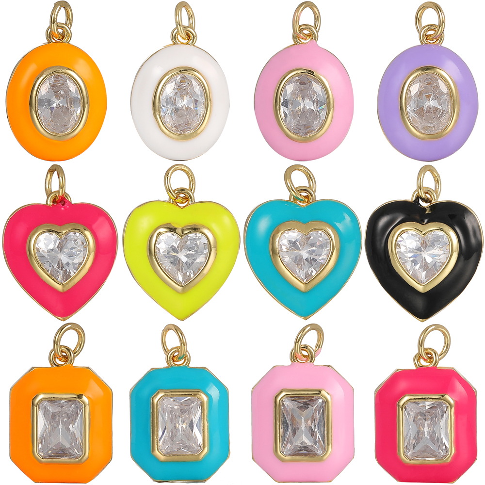 Juya 18K Gold Plated Handmade Cz Candy Color Love Heart Square Oval Shape Enamel Charms For DIY Women Creative Jewelry Making