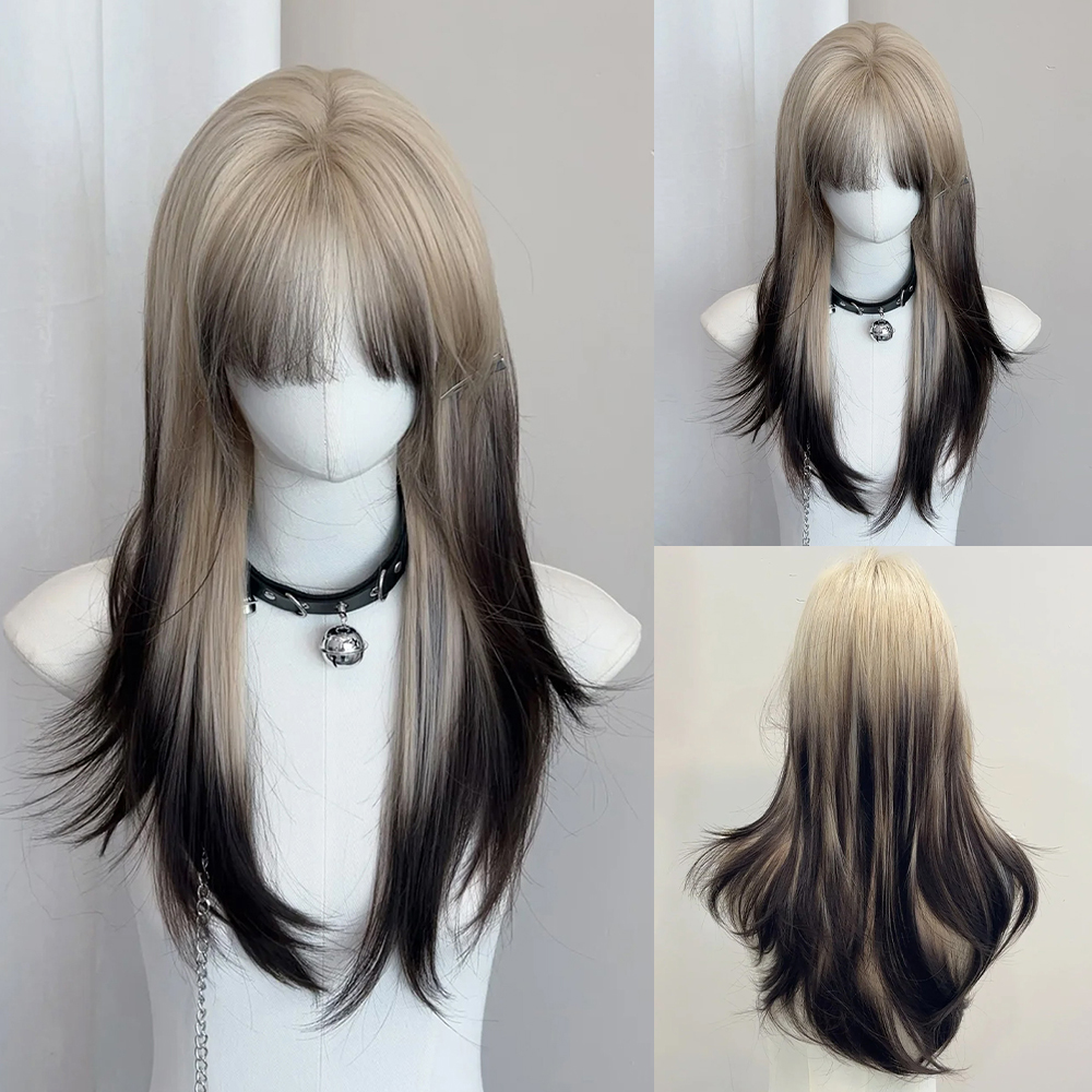 Ombre สีบลอนด์สีดําวิกผมสังเคราะห์สําหรับ Lolita คอสเพลย์ทุกวันผู้หญิงยาวตรงวิกผม Bangs