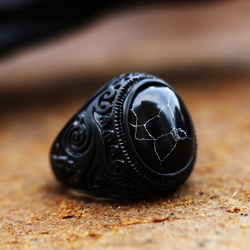 Cincin zirkon Hitam Turki buatan tangan antik cincin batu mata harimau baja tahan karat Retro pria perhiasan pertunangan pernikahan klasik