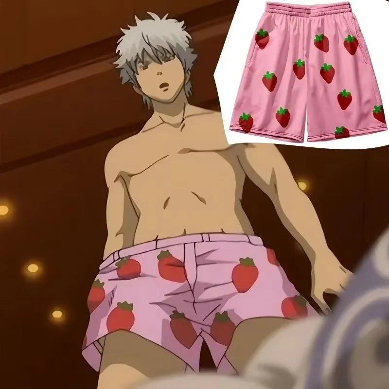 Pink Strawberry Short Pants 2026 Men's Clothes Anime GINTAMA Sakata Gintoki Cosplay Costume Unisex Party Men Beach Short Pants