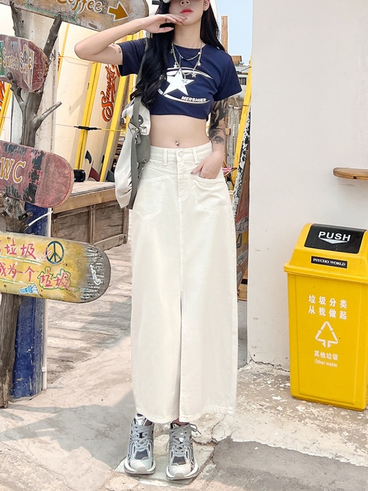 GUUZYUVIZ-Faldas vaqueras largas Vintage para mujer, faldas casuales divididas de cintura alta, línea A, Verano
