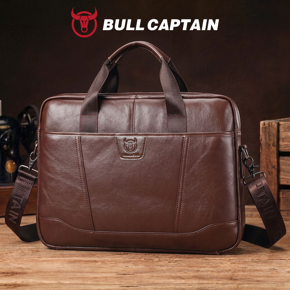 BULLCAPTAIN Herren Echtleder Computertasche Business Casual Schulter-Umhängetasche 15,7 Zoll Büro Laptop-Aktentasche
