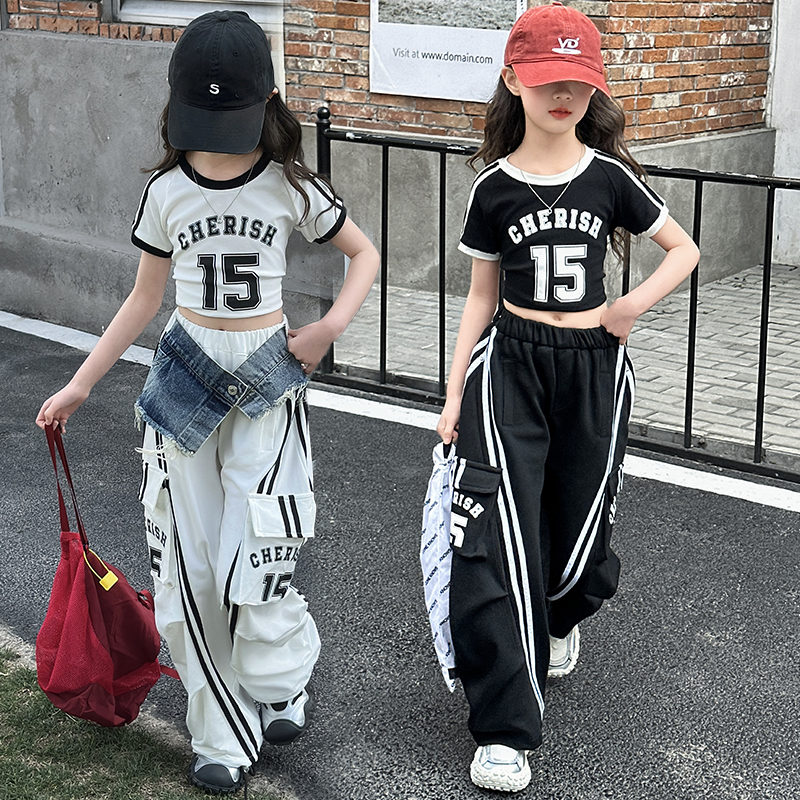 Verão adolescente meninas terno de treinamento algodão camiseta + emendado denim esportes calças largas perna 2 pçs conjunto roupas criança júnior