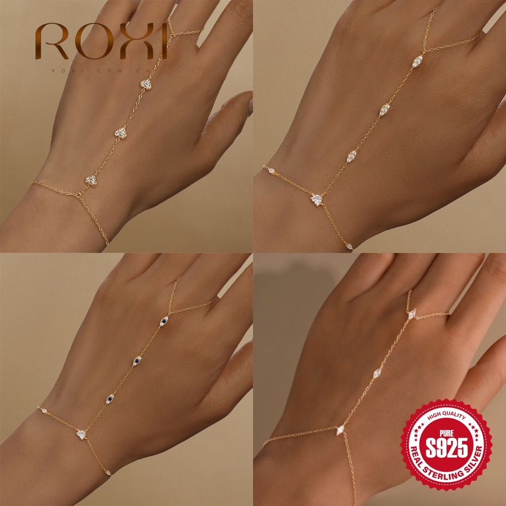 ROXI 925 Sterling Silver Heart/Star Zircon Bransoletka z wzorem palca dla kobiet Łańcuch ręczny Akcesoria Biżuteria imprezowa Prezent