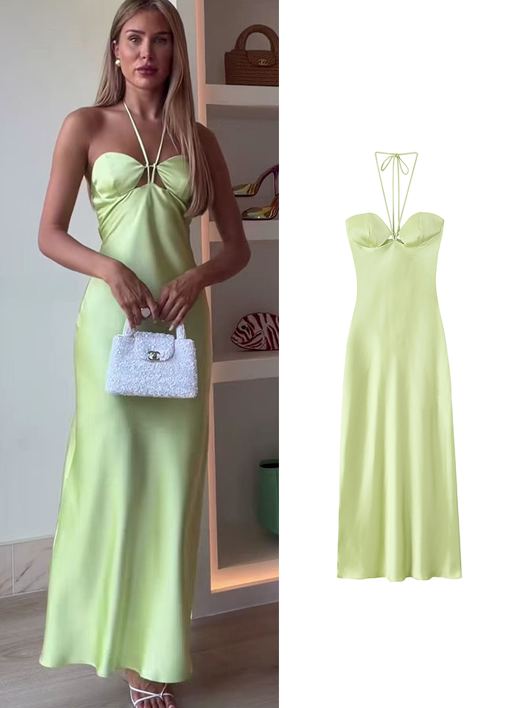 Vestido Longo Feminino Elegante TFMLN com Decote Halter, Costas Nuas com Amarração, em Cetim Liso, Ajuste Fino e Chique para Festas